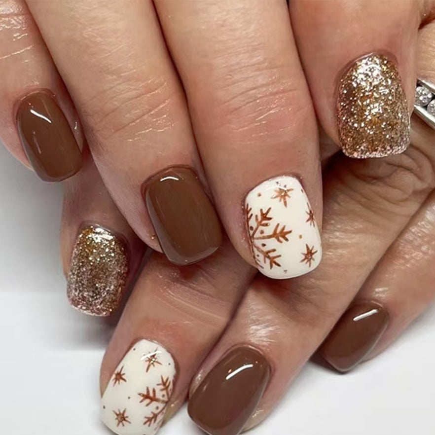 Cozy Winter Wonderland Short Square Brown and Gold Glitter Press On Nail Set with Snowflake Accent