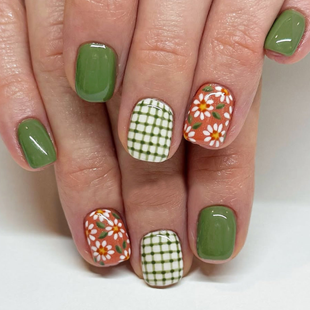 Garden Party Short Square Green Floral Nail Set with Charming Checkered Design