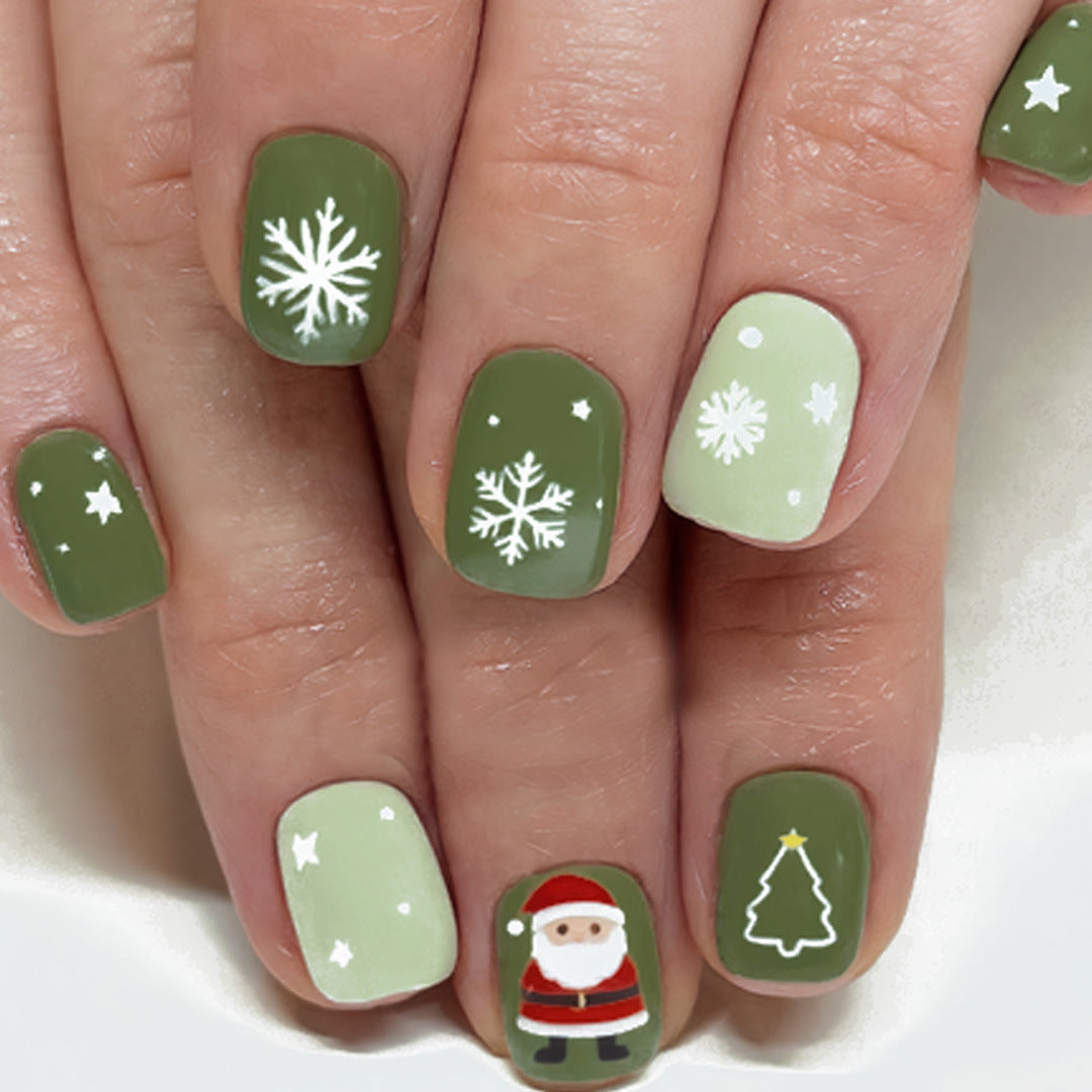 Festive Winter Wonderland Short Square Green and Light Green Press-On Nail Set featuring Charming Holiday Designs