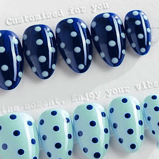 Nautical Nights Elegant Short Almond Blue and Light Blue Polka Dot Press On Nail Set