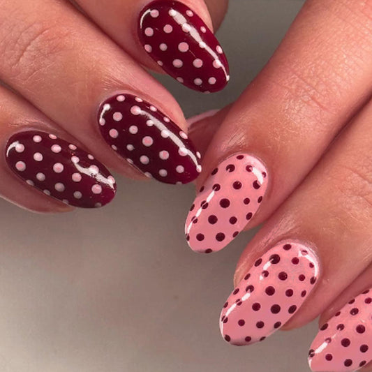 Whimsical Dotted Medium Oval Burgundy and Pink Press On Nail Set with Glossy Finish