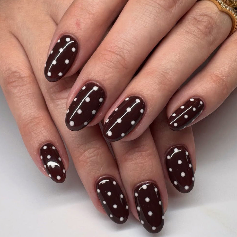 Chocolate Delight Medium Almond Brown Nails with Charming White Dots