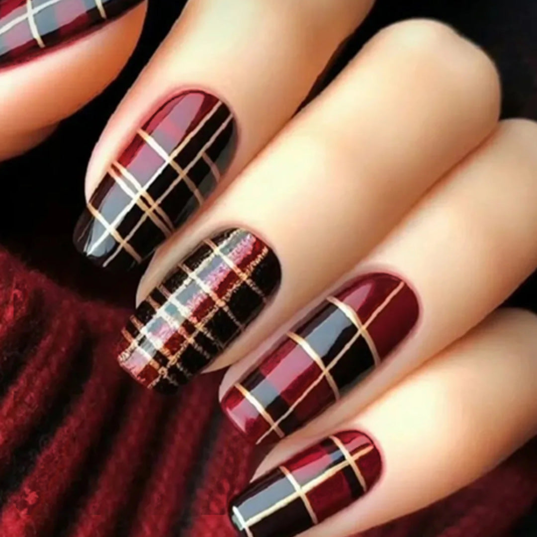 Chic Autumn Elegance Long Square Burgundy Nails with Trendy Plaid Design