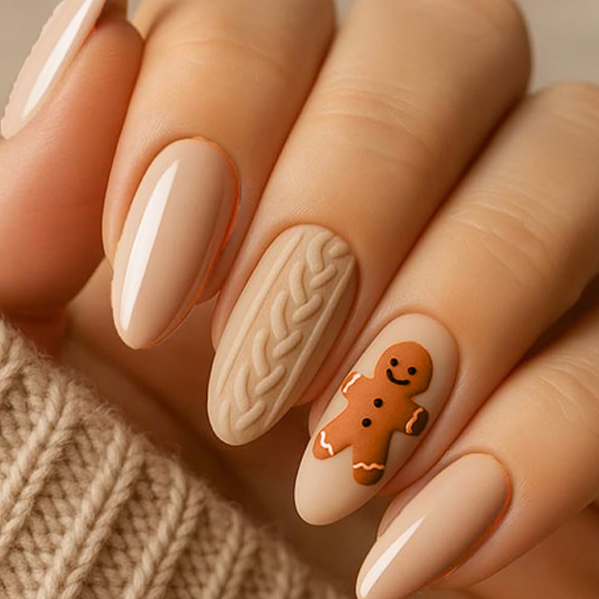 Cozy Winter Vibes Long Almond Beige Nail Set with Cable Knit Texture and Gingerbread Accent