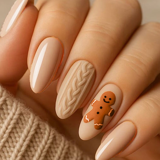 Cozy Winter Vibes Long Almond Beige Nail Set with Cable Knit Texture and Gingerbread Accent