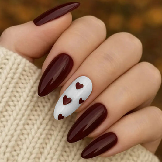 Romantic Charm Long Almond Burgundy and White Heart Accent Press On Nail Set