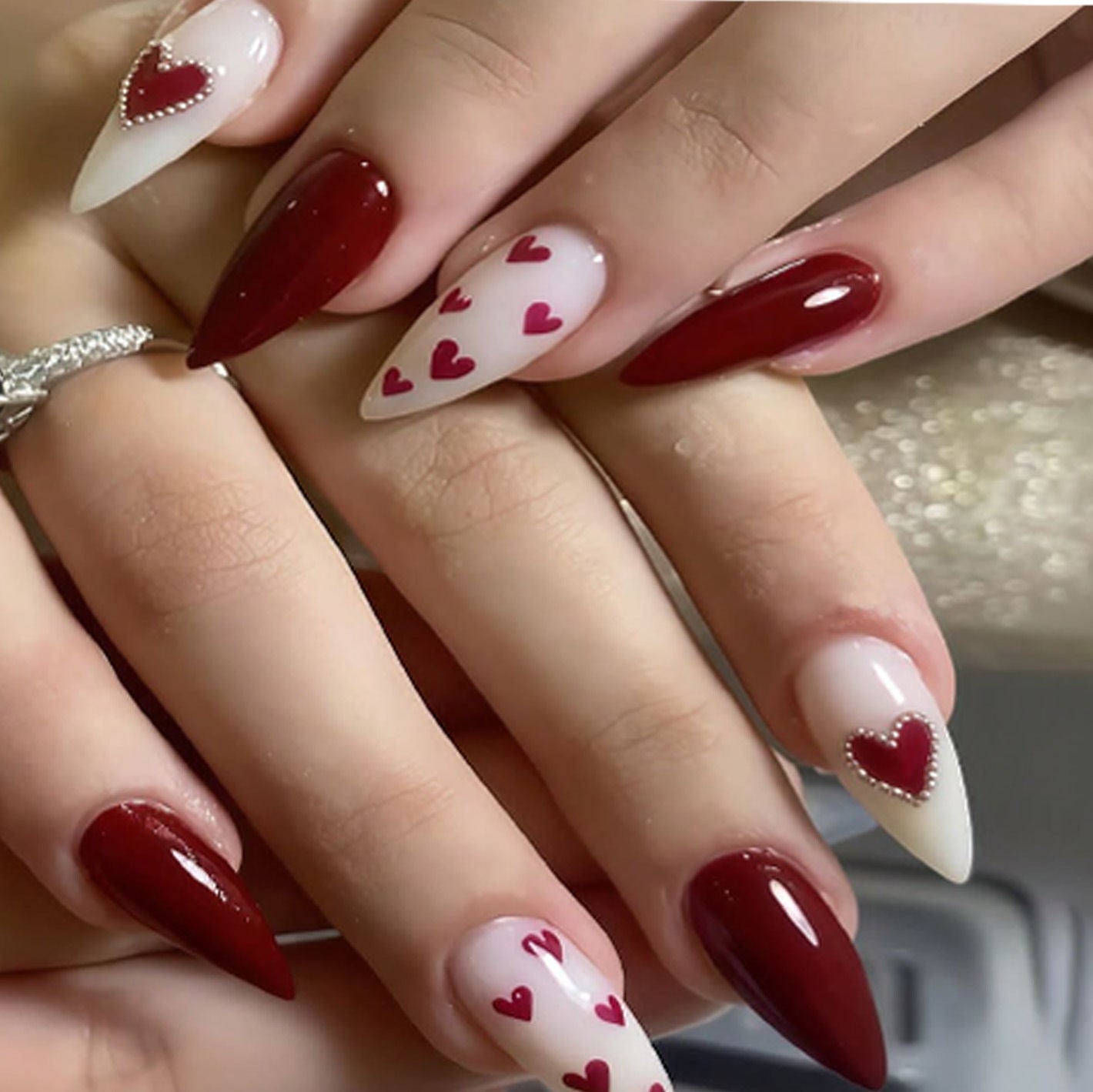 Romantic Charm Long Stiletto Red and White Gradient with Heart Accents