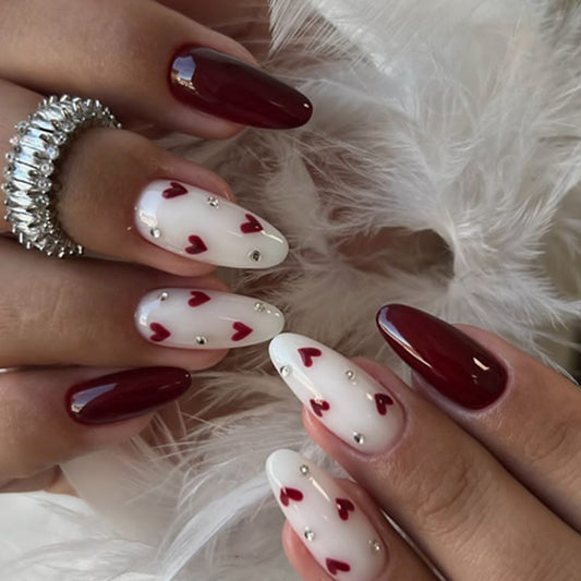 Romantic Heart Themed Extra Long Almond Shaped Deep Red and White Glossy Press-On Nail Set with Sparkling Accents