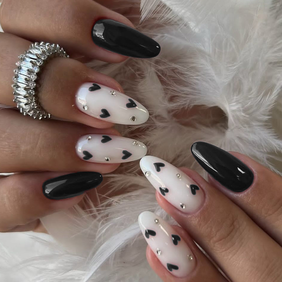 Romantic Charm Long Almond Black and White Heart Accent Press On Nail Set