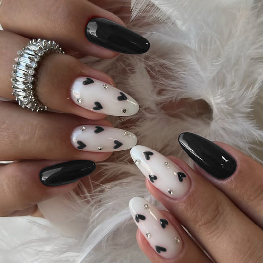 Romantic Charm Long Almond Black and White Heart Accent Press On Nail Set