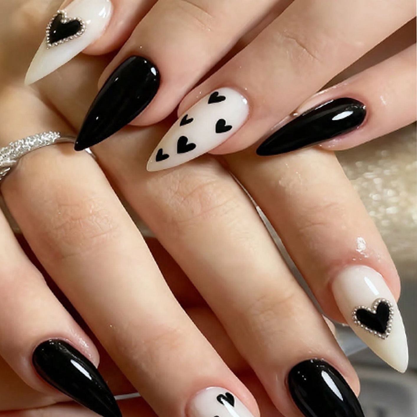 Romantic Elegance Long Stiletto Black and White with Adorable Heart Accents Press-On Nail Set
