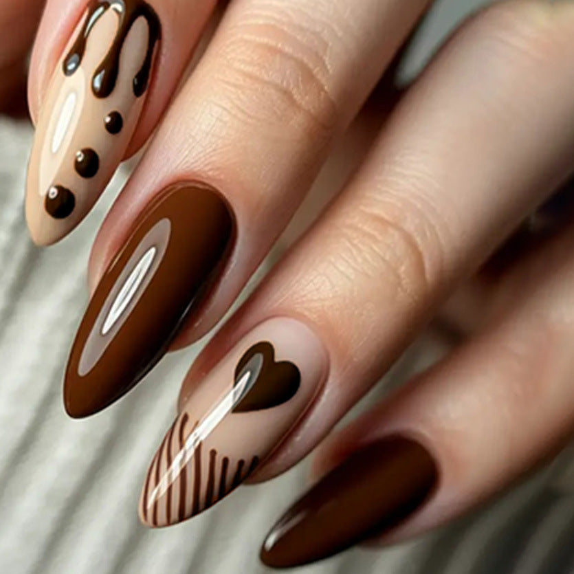 Chocolate Delight Long Almond Shaped Brown and Beige Press On Nail Set with Heart and Drip Design Feature