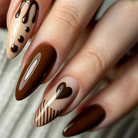 Chocolate Delight Long Almond Shaped Brown and Beige Press On Nail Set with Heart and Drip Design Feature