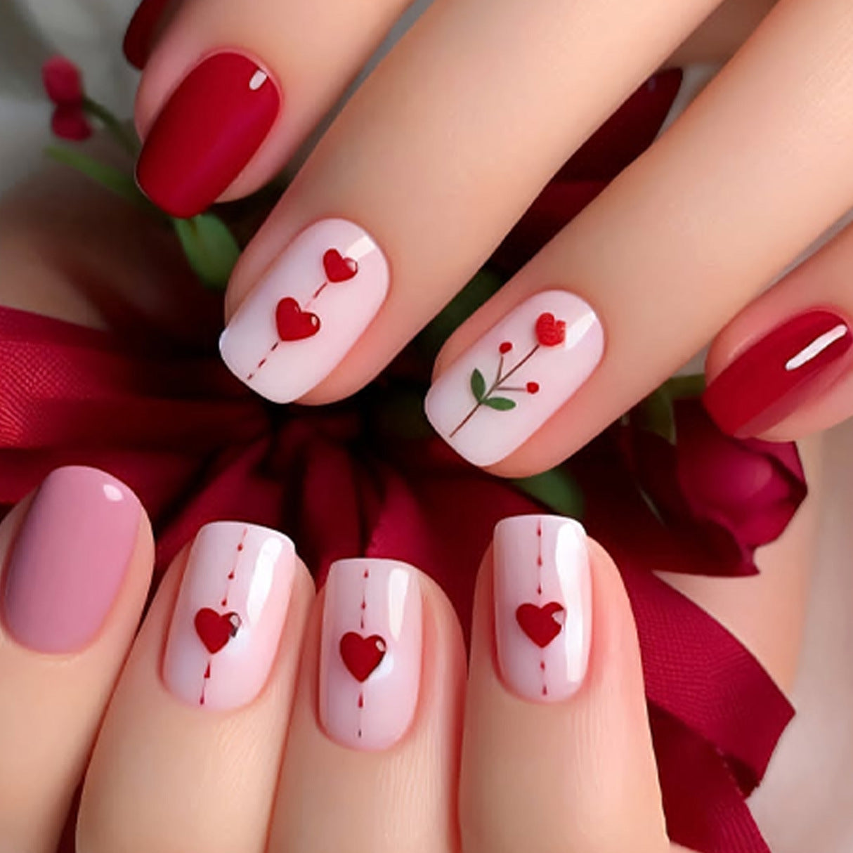 Romantic Heartfelt Press-On Nail Set in Short Length Square Shape Red and Pink with Charming Love-Inspired Designs
