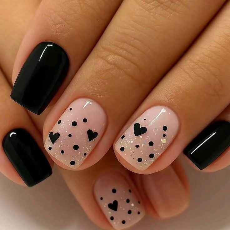 Charming Heartbeat Short Square Black Pink with Dazzling Glitter Design Press on Nail Set