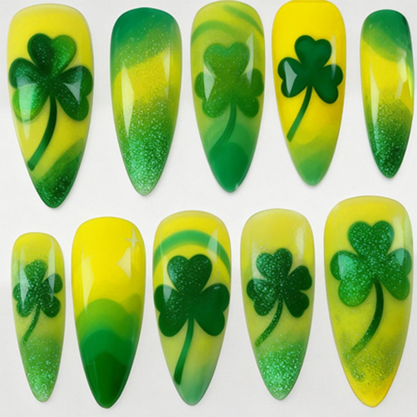 Lucky Charm Emerald Green Press On Nail Set in LongAlmond Shape featuring Sparkling Shamrock Design and Vibrant Sunshine Yellow Highlights
