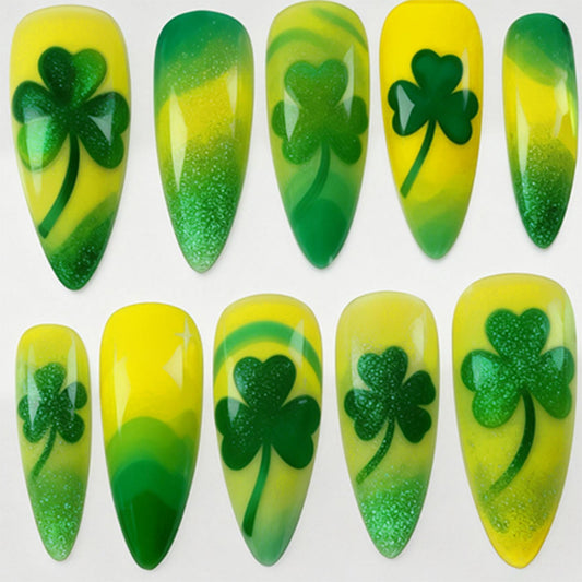 Lucky Charm Emerald Green Press On Nail Set in LongAlmond Shape featuring Sparkling Shamrock Design and Vibrant Sunshine Yellow Highlights