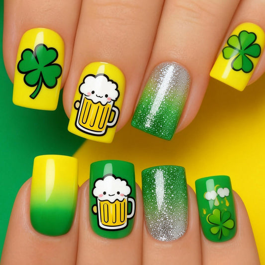 Lucky Charm Celebration Medium Square Green and Yellow Gradient with Beer and Clover Nail Set