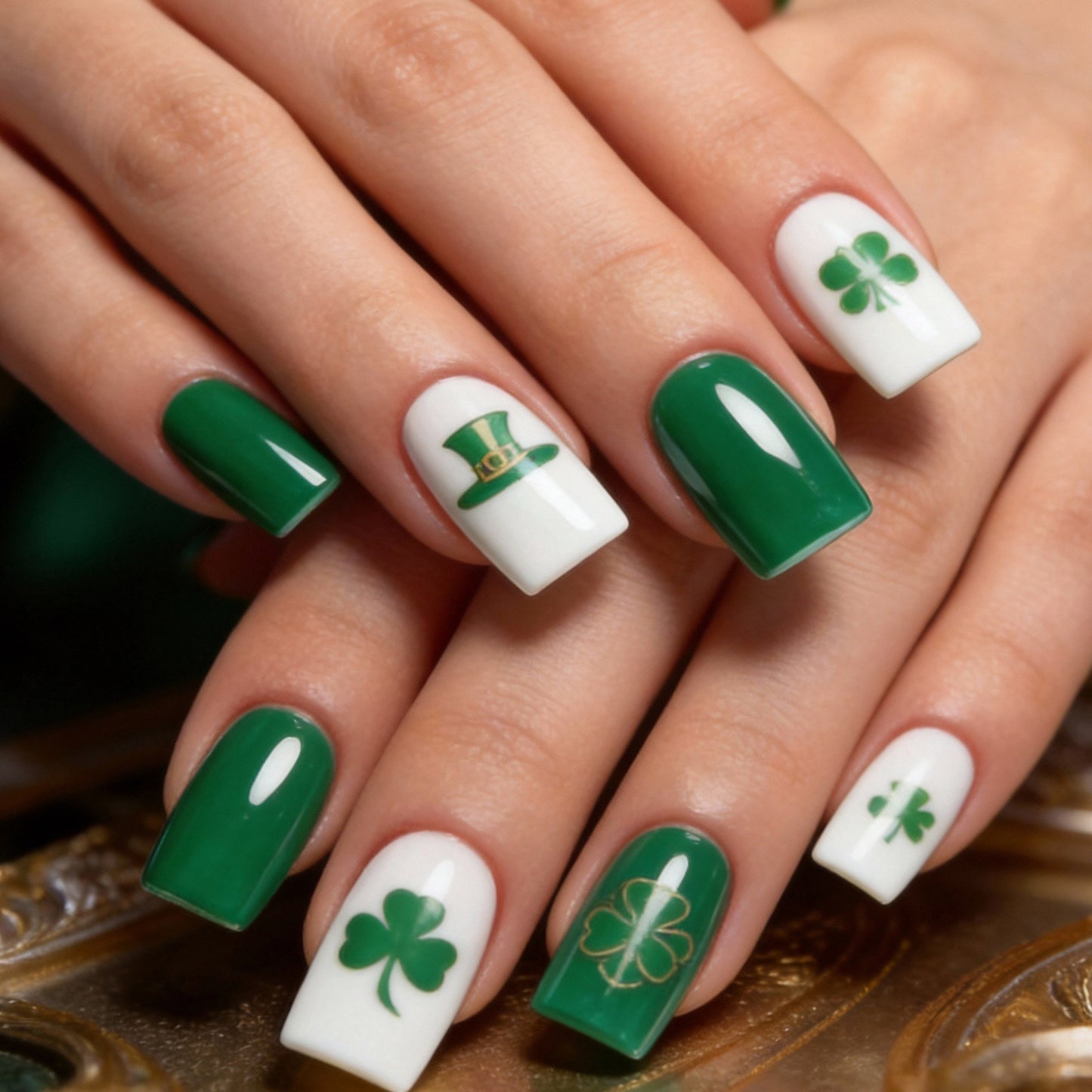 Lucky Clover Inspired Medium Square Green and White Press On Nail Set with Charming Irish Designs