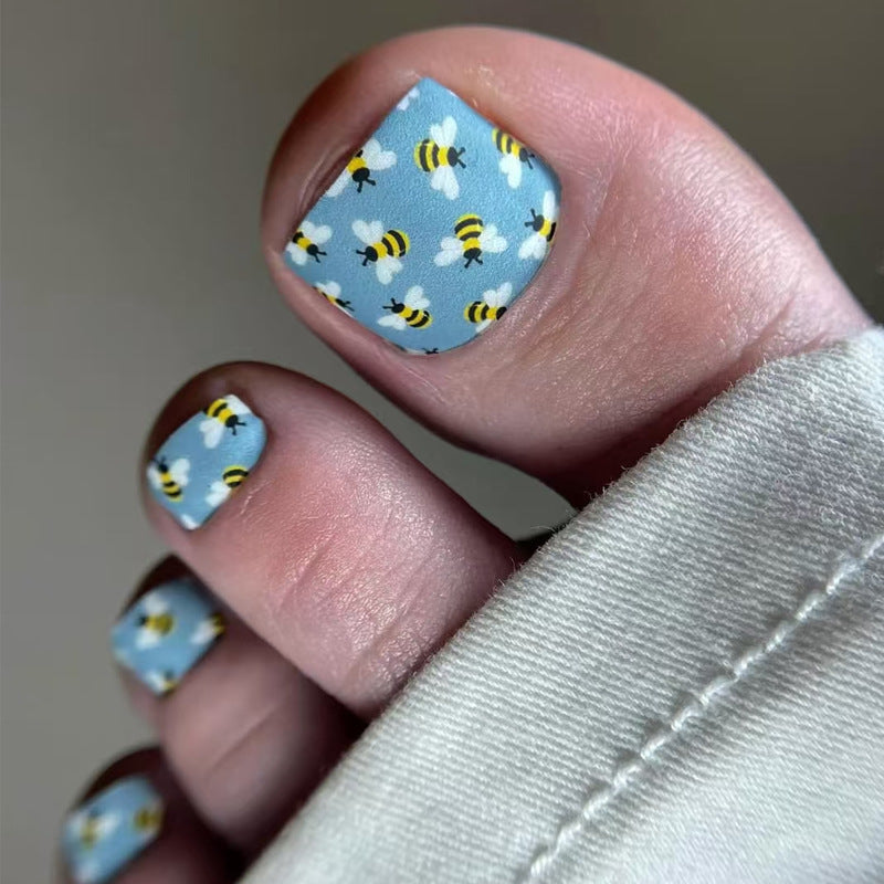 Bee Inspired Medium Square Blue Press On Toenail Set with Delightful Honeybee Design
