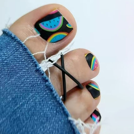 Tropical Vibes Short Square Black Watermelon Design Press-On Toenail Set