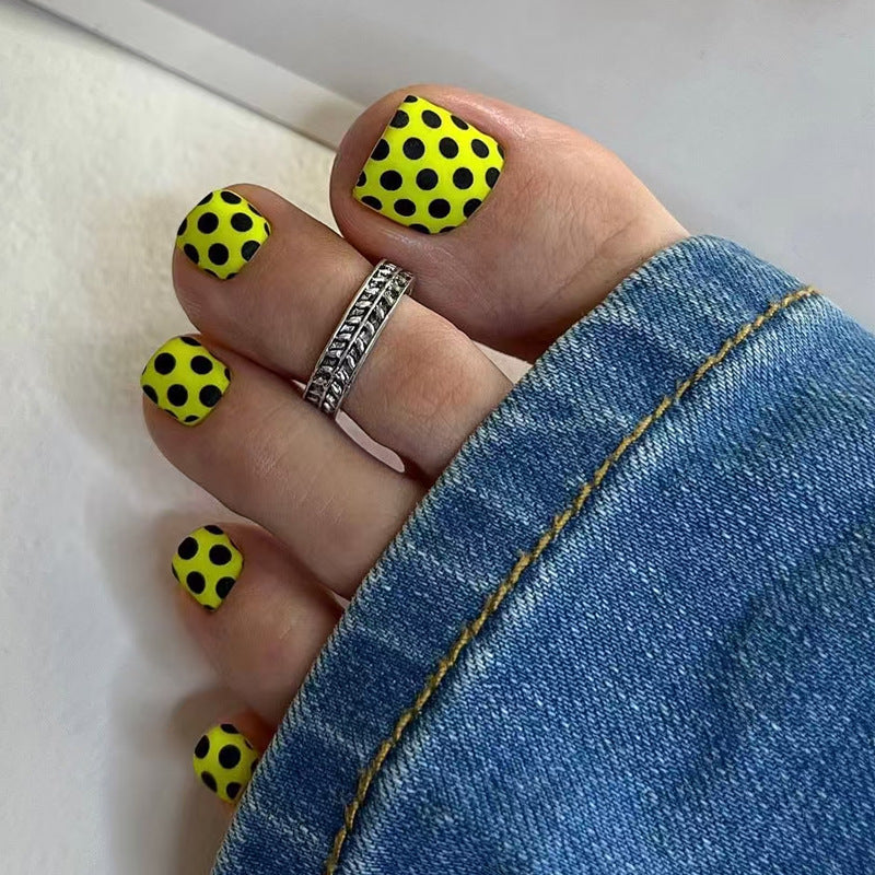 Vibrant Summer Fun Short Square Neon Yellow Dot Press-On Toenail Set with Unique Glossy Finish