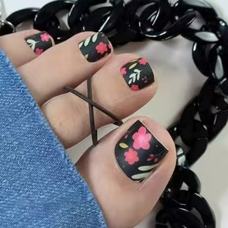 Floral Fantasy Short Square Black Press On Toenail Set Featuring Vibrant Flower Designs