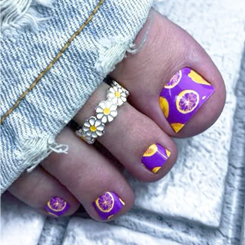 Citrus Burst Short Square Purple Press On Toenail Set with Tropical Fruit Design