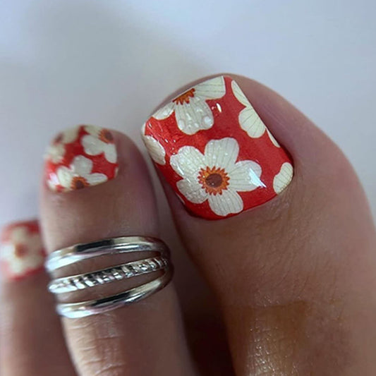 Bohemian Blossom Short Square Shaped Red Toenail Set with Floral Design