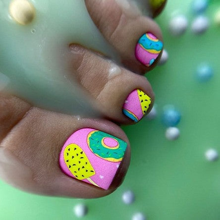 Sweet Treat Fantasy Press On Toenail Set Short Square Bright Pink with Whimsical Donut Design