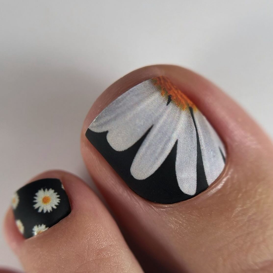 Floral Delight Short Square Matte Black and White Daisy Press On Toenail Set