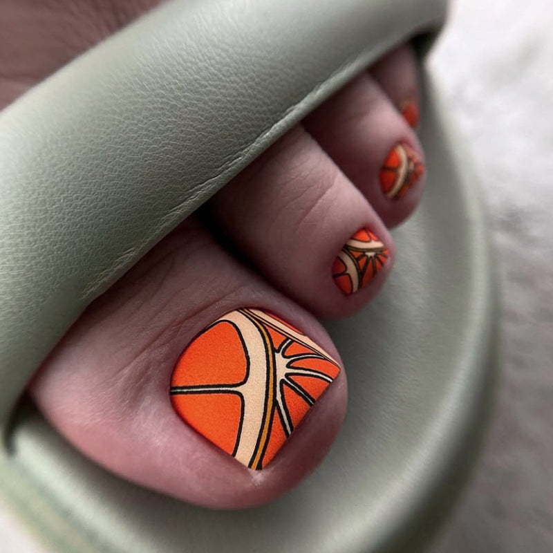 Citrus Bliss Short Square Orange Matte Press On Toenail Set with Tropical Leaf Design