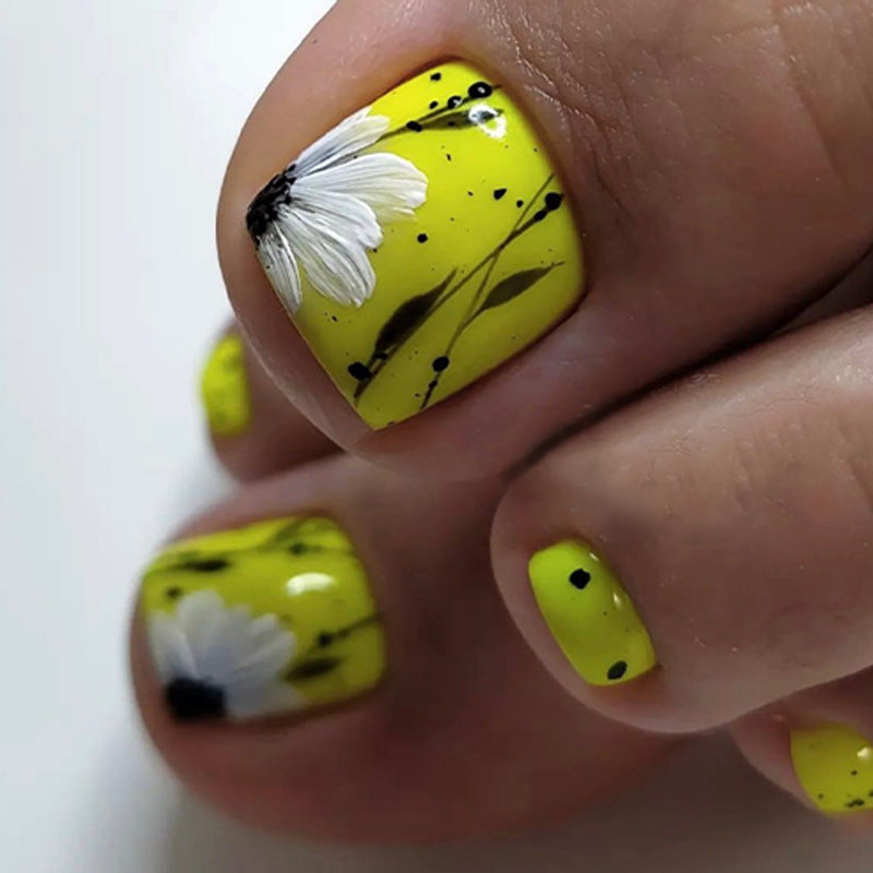 Sunny Delight Short Square Neon Yellow Floral Press-On Toenail Set with Artistic Detailing