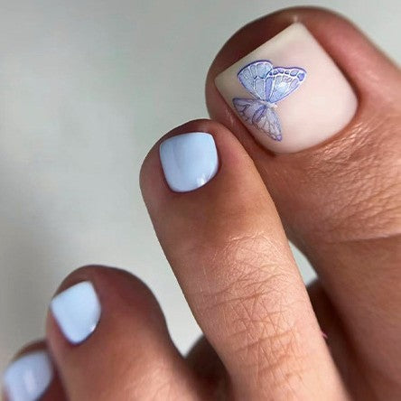 Butterfly Dreams Chic Short Square Light Blue Toenail Set with Elegant Design