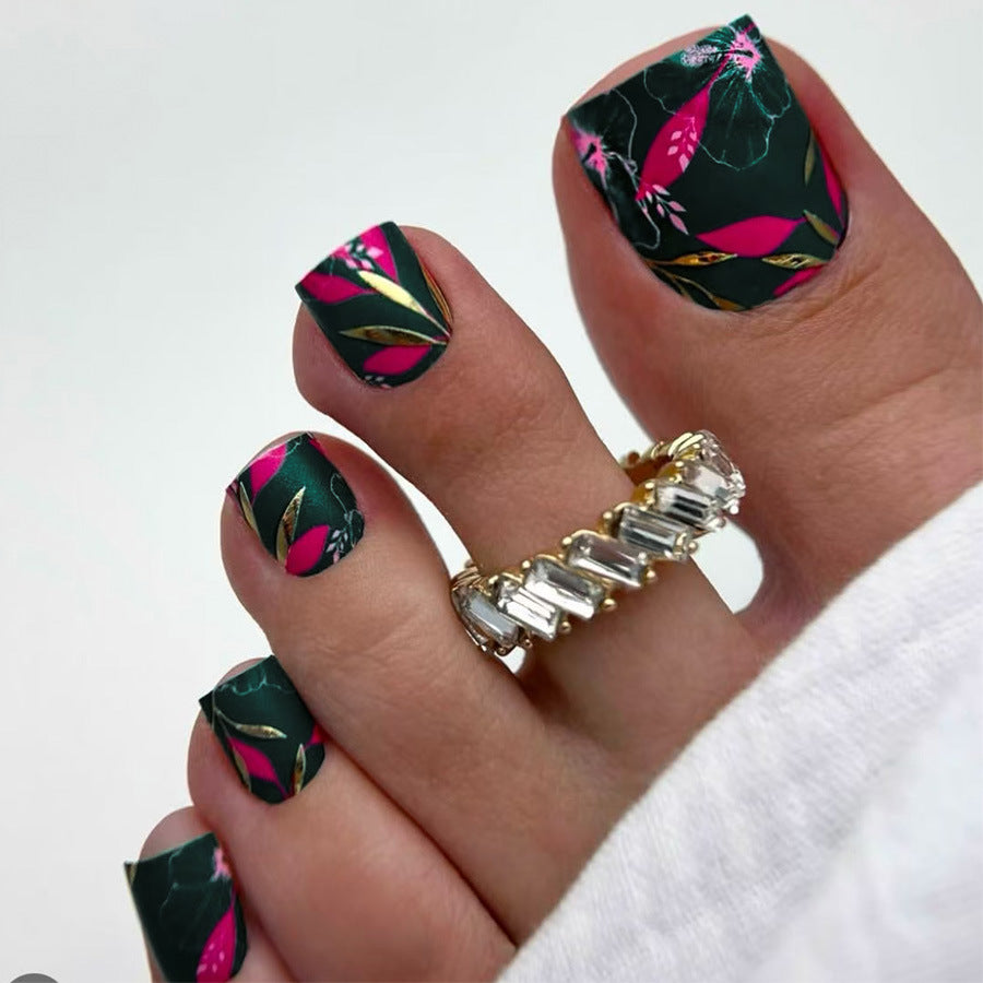 Tropical Vibe Short Square Green Floral Press On Toenail Set with Matte Finish