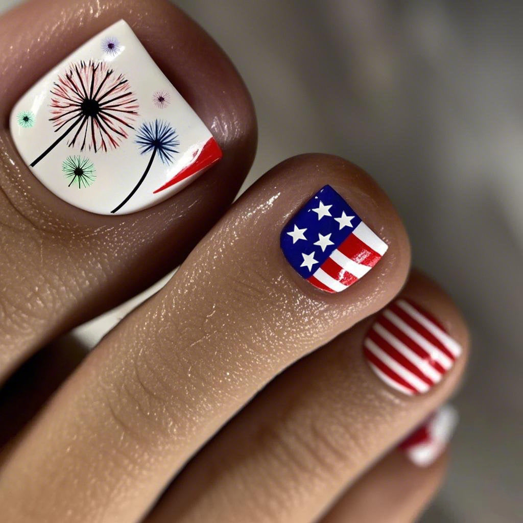 Patriotic Delight Short Square Red White and Blue Press On Toenail Set with Festive Firework Design