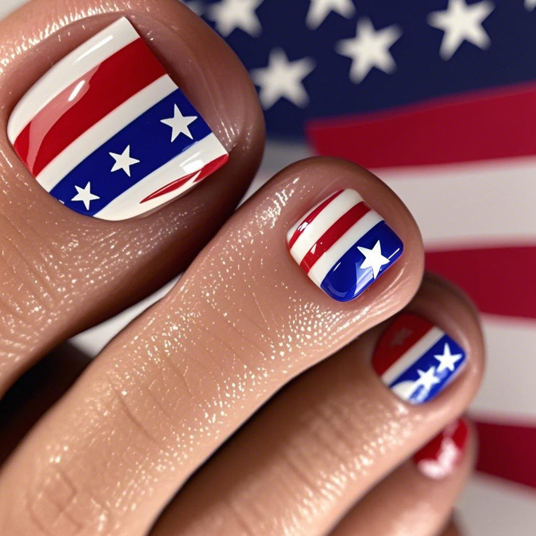 Patriotic Celebration Stylish Short Square Red White and Blue Press On Toenail Set with Star Design