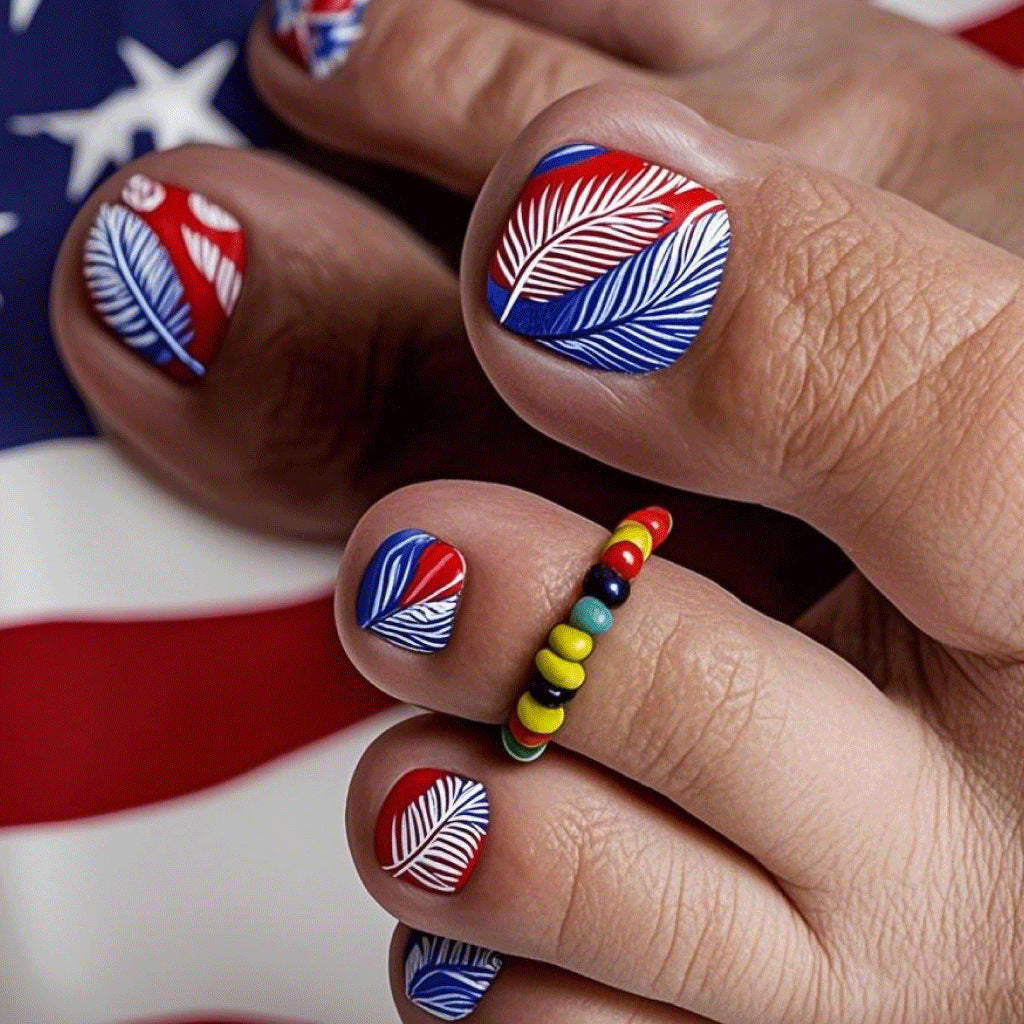 Patriotic Elegance Short Square Red and Blue Press On Toenail Set with Leaf Designs