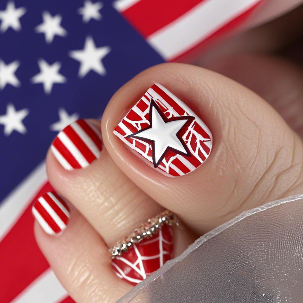Patriotic Flair Short Square Red and White Striped Design with Star Detail Press-On Toenail Set