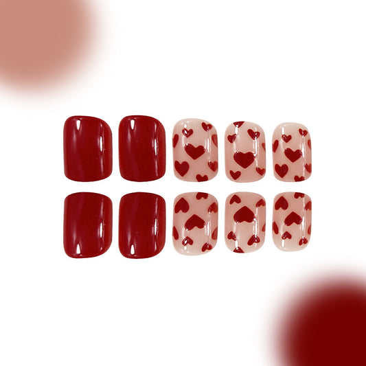 Love Inspired Heart Design Red and Beige Short Squoval Press-On Nail Set with Charming Heart Prints
