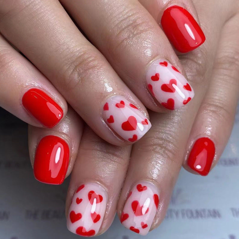 Charming Romance Red Short Square Glossy Press On Nail Set with Heart Design