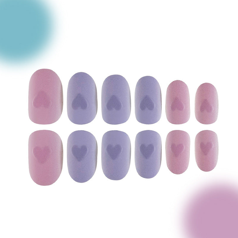 Charming Heartbeat Short Round Pink and Purple Press-On Nail Set with Cute Heart Design