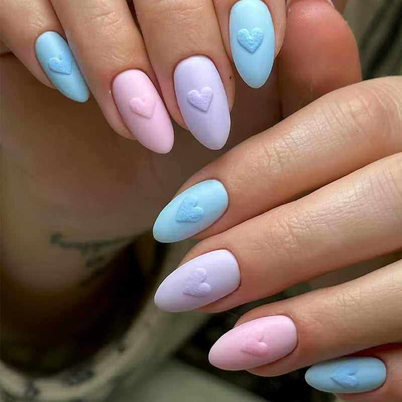 Heavenly Pastel Heart Shaped Press On Nail Set in Short Almond Style with Soft Matte Finish in Blue and Pink