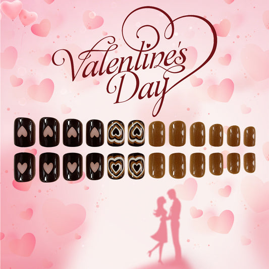 Romantic Delight Short Square Brown and Black Adhesive Press on Nail Set with Heart Design