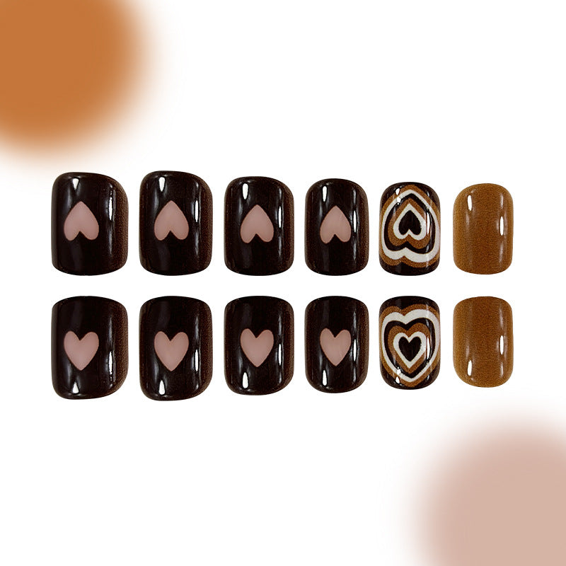 Dating Vibes Heart Short Square Shaped Brown Press On Nail Set with Striking Design and Glossy Finish