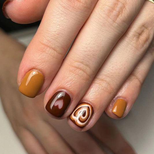 Cozy Autumn Vibes Square Short Brown and Mustard Nail Set with Unique Swirl Design