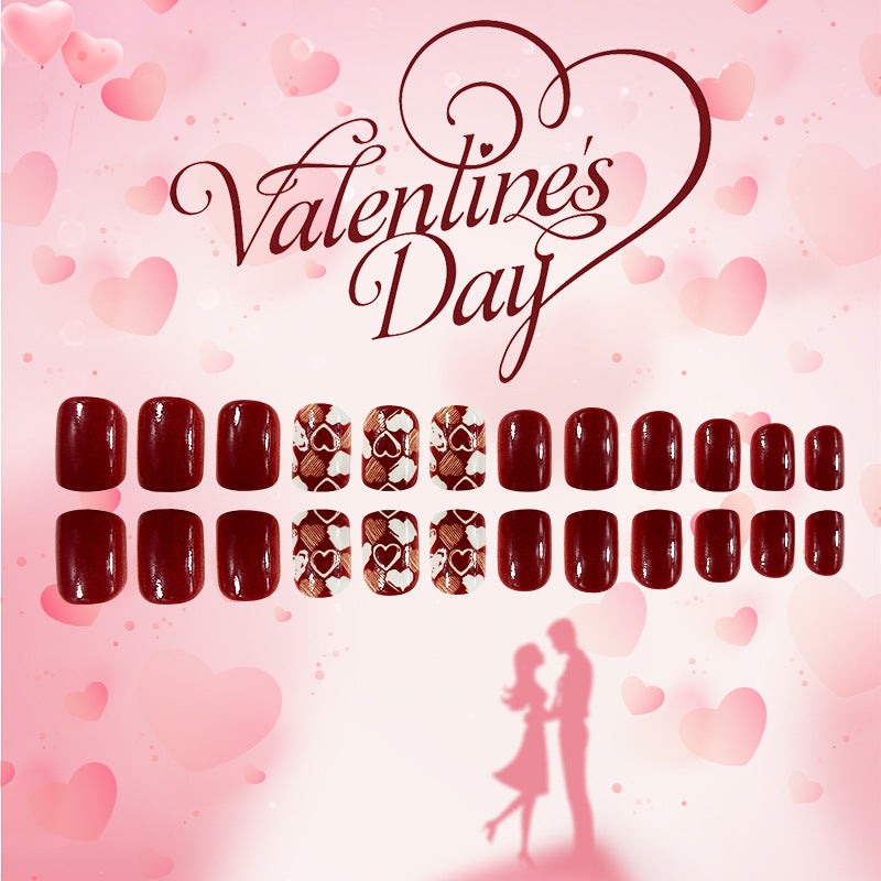 Romantic Heartfelt Celebration Press On Nail Set in Short Square Burgundy with Unique Heart Patterns