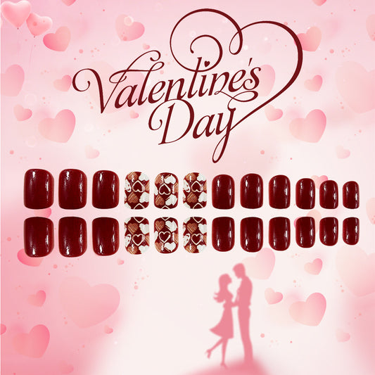 Romantic Heartfelt Celebration Press On Nail Set in Short Square Burgundy with Unique Heart Patterns