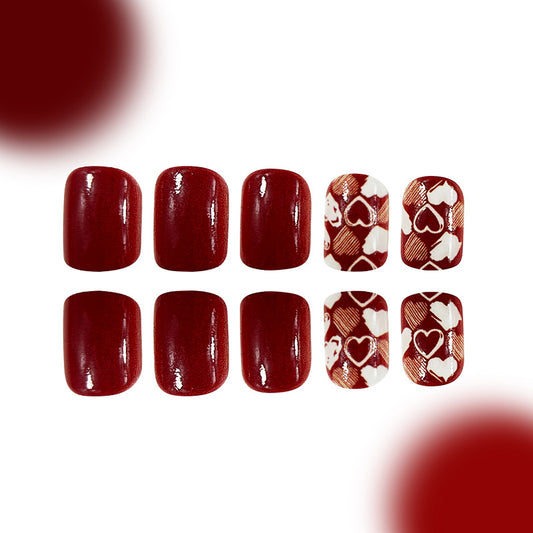 Romantic Elegance Bold Red Short Square Press On Nail Set with Charming Heart Patterns