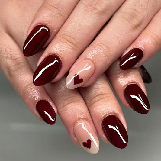Romantic Elegance Medium Almond Burgundy and Pink Heart Design Press-On Nail Set